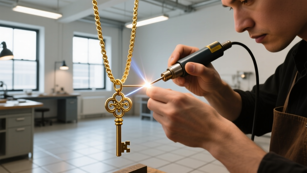 Jeweler using a laser welder to solder a 20-gauge jump ring on an 18k gold rope chain holding an antique brass key pendant