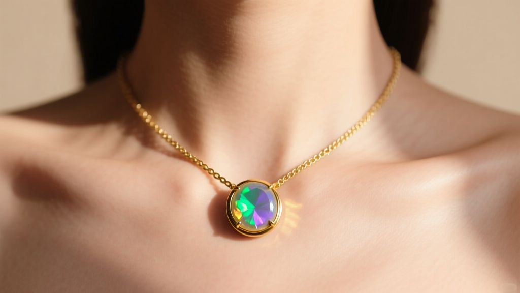Collarbone close-up with a 16-inch rope chain and an 18-inch bezel-set rainbow moonstone pendant catching bright natural sunlight