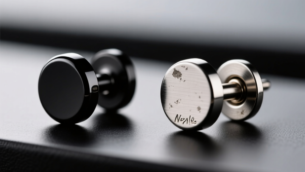Side-by-side comparison of a pristine black PVD titanium stud and a faded black rhodium stud showing wear on the friction back.