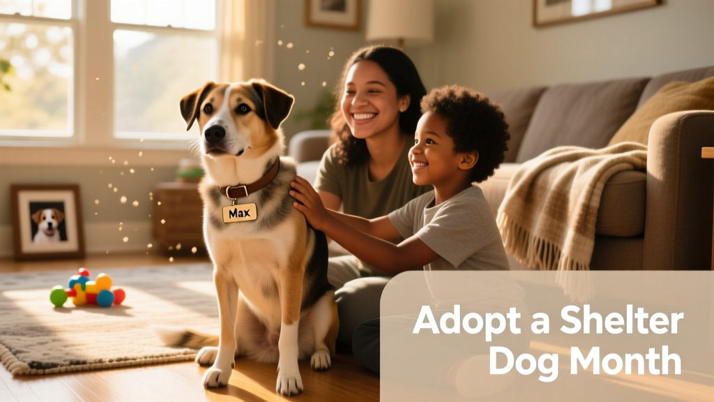 A calm, friendly adult mixed-breed dog sitting beside a smiling family on a living room floor