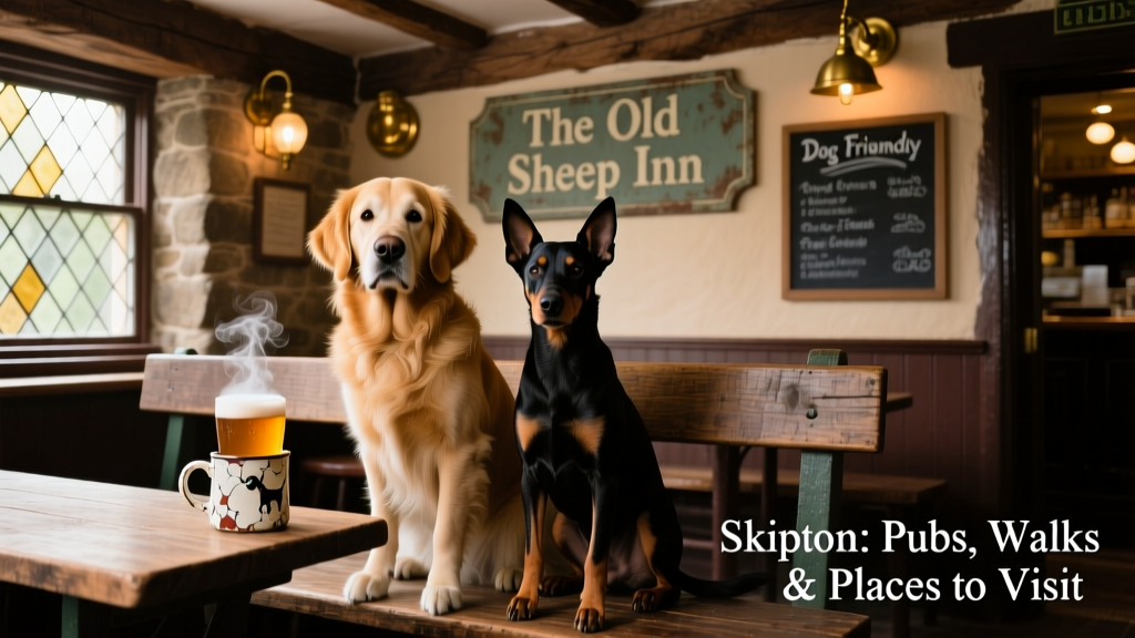 Two dogs sitting comfortably in a warm, rustic pub with wooden beams and a pint on the table
