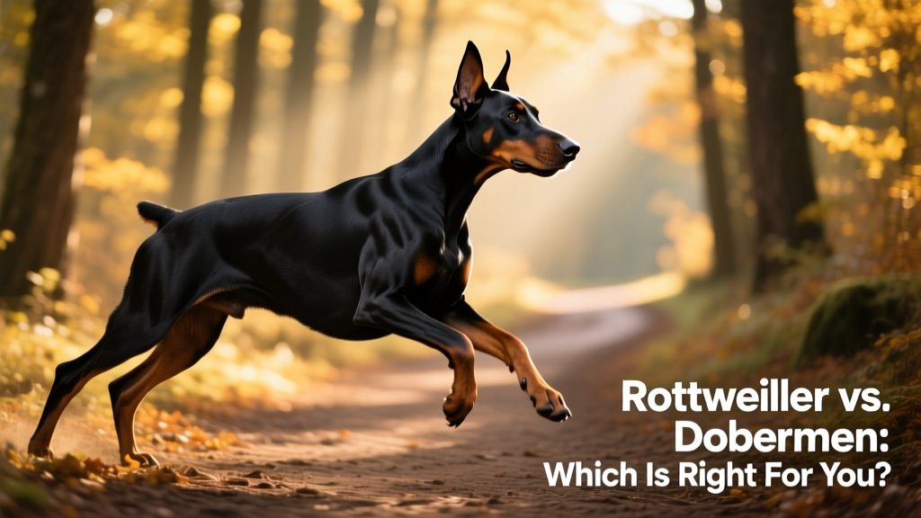 Doberman mid-stride on a sunlit trail, muscles defined and ears pricked forward