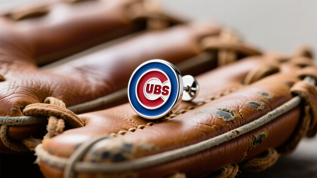 Macro shot of a sterling silver Chicago Cubs C logo stud earring with blue and red enamel on a vintage leather baseball glove.