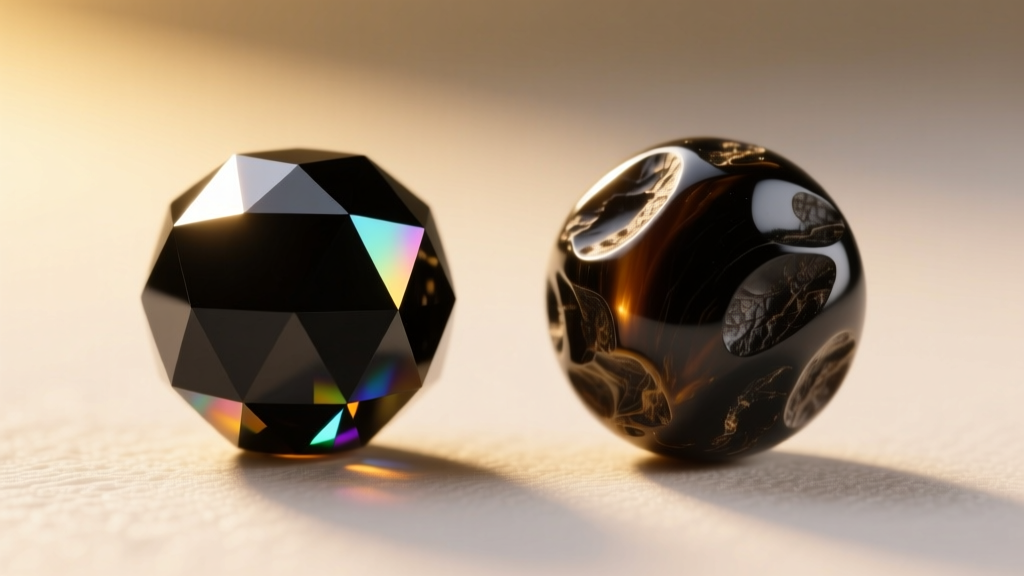Side-by-side macro comparison of a faceted French black glass bead and a carved organic jet bead under warm directional lighting