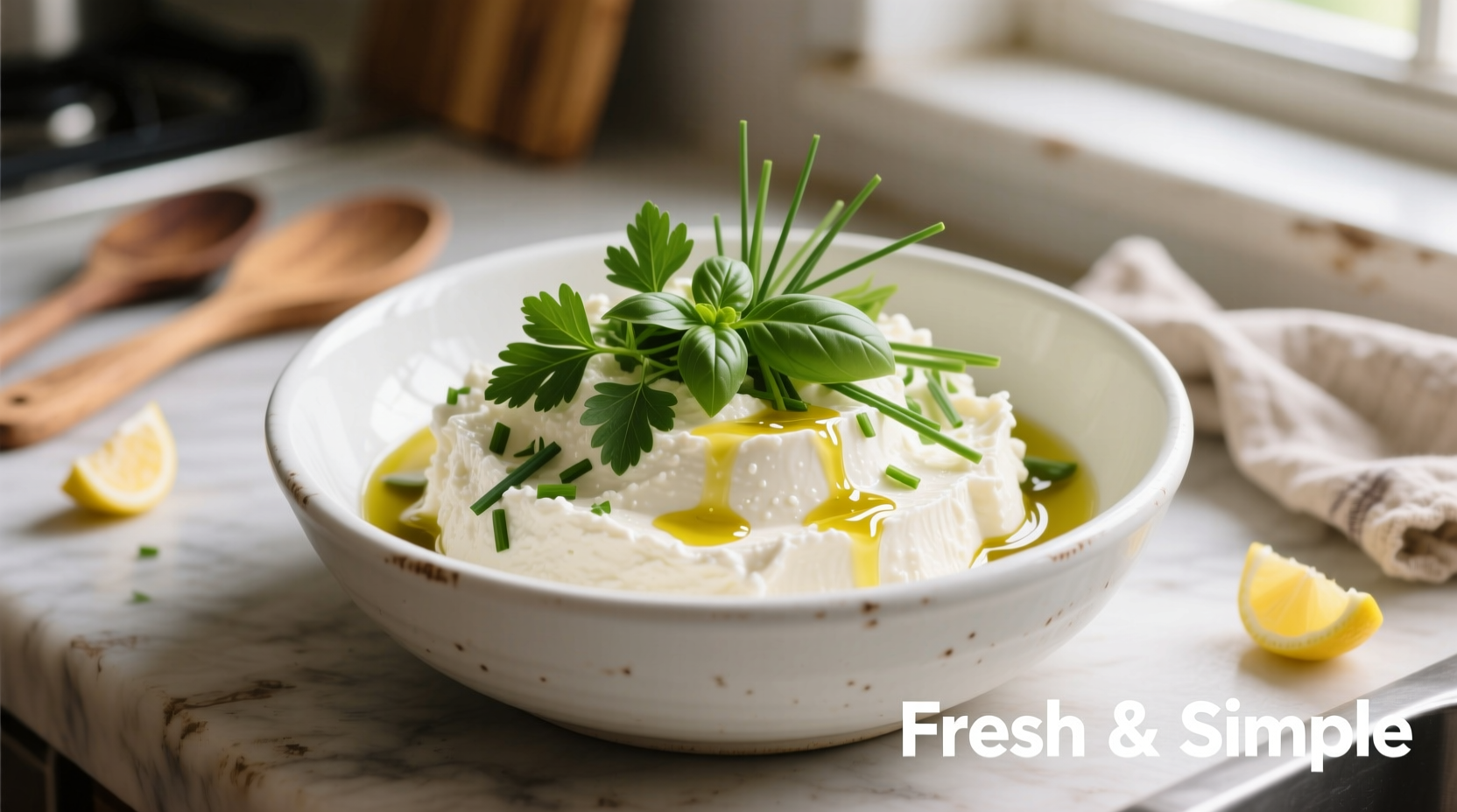 Fresh ricotta cheese in a white bowl with herbs