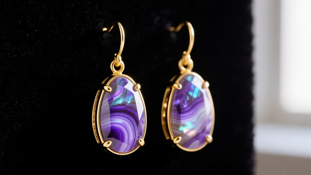 Close-up of bezel-set charoite drop earrings in 14k yellow gold, showing swirling purple patterns against dark velvet.
