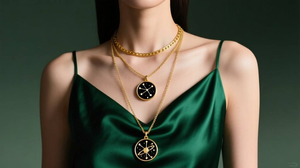 Model wearing layered 20-inch and 24-inch gold vermeil charm necklaces with celestial pendants against a dark green silk top