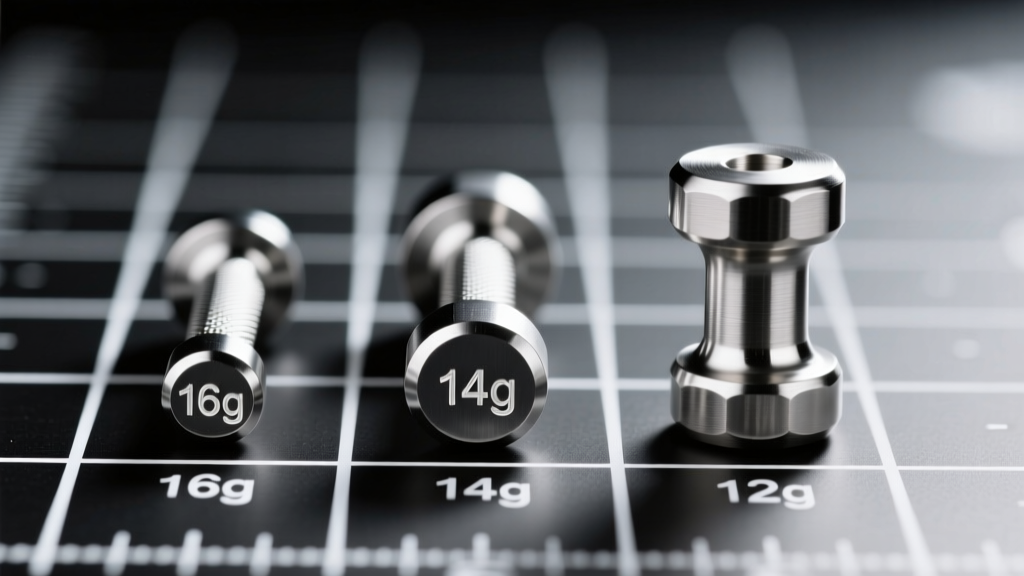 Macro shot of titanium horseshoe barbells in 16g, 14g, and 12g on a measurement grid, clearly showing the thickness differences.