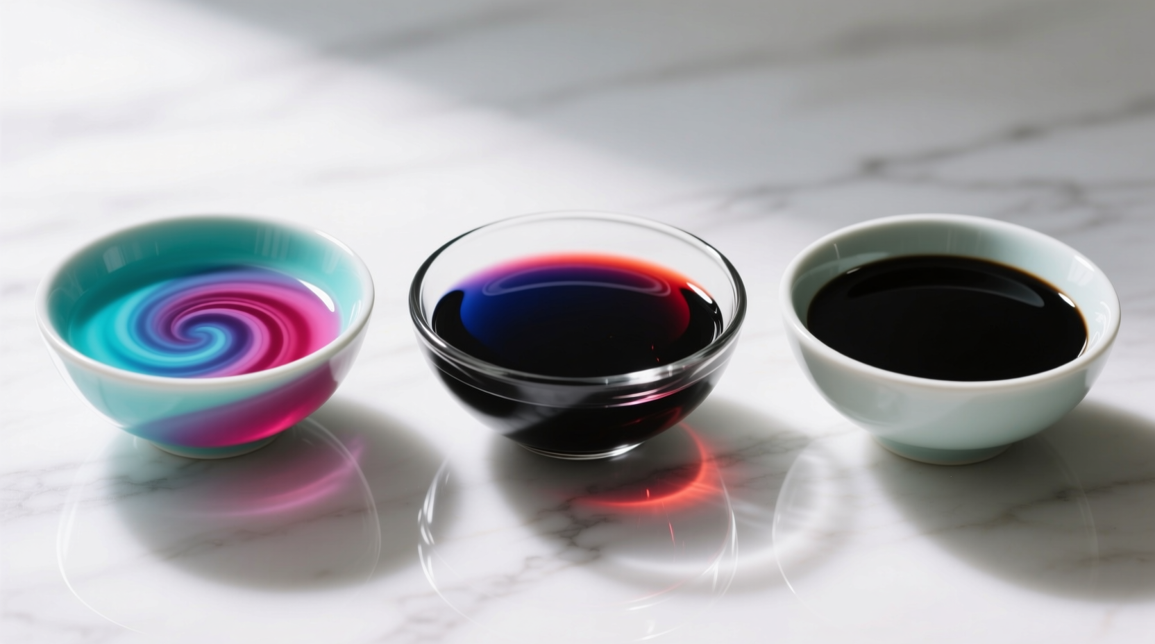 Three bowls showing progression from colored liquids to black food dye