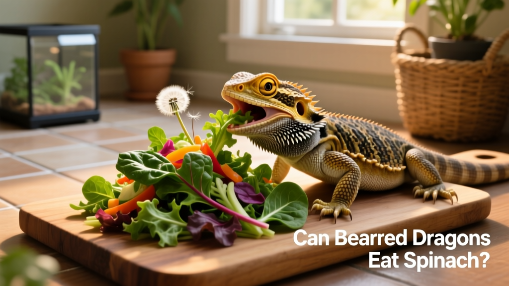 Bearded dragon eating a colorful salad of collard, mustard, and dandelion greens