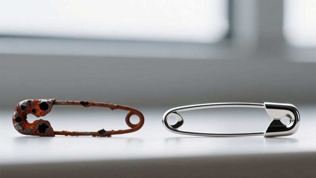 Macro shot comparing a rusted cheap alloy safety pin next to polished surgical steel, showing severe pitting on the base metal.