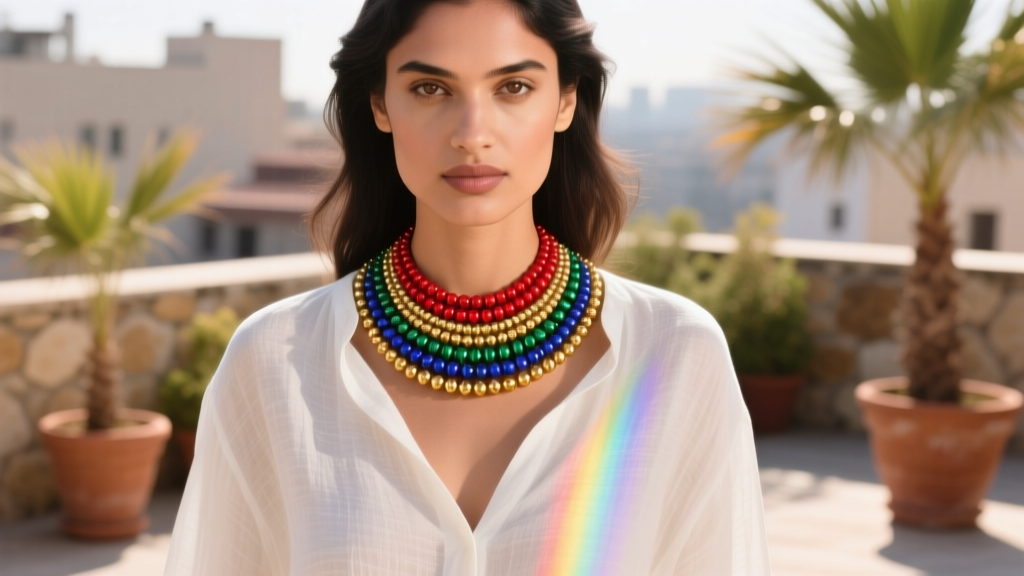 Fashion editorial of a woman in a white linen shirt wearing a chunky multi-colored Indian glass beaded choker necklace in sunlight