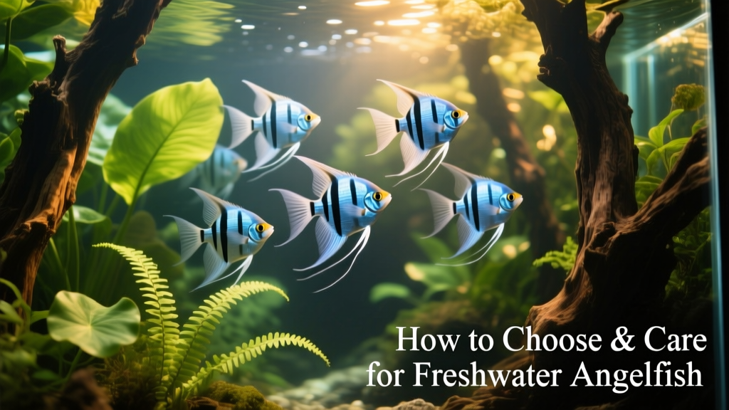 A group of wild-type freshwater angelfish swimming gracefully among vertical driftwood in a well-planted aquarium