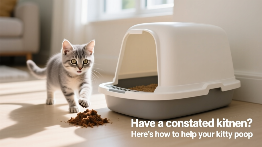 Happy, active kitten playing near a clean litter box with fresh, soft, brown stool visible inside