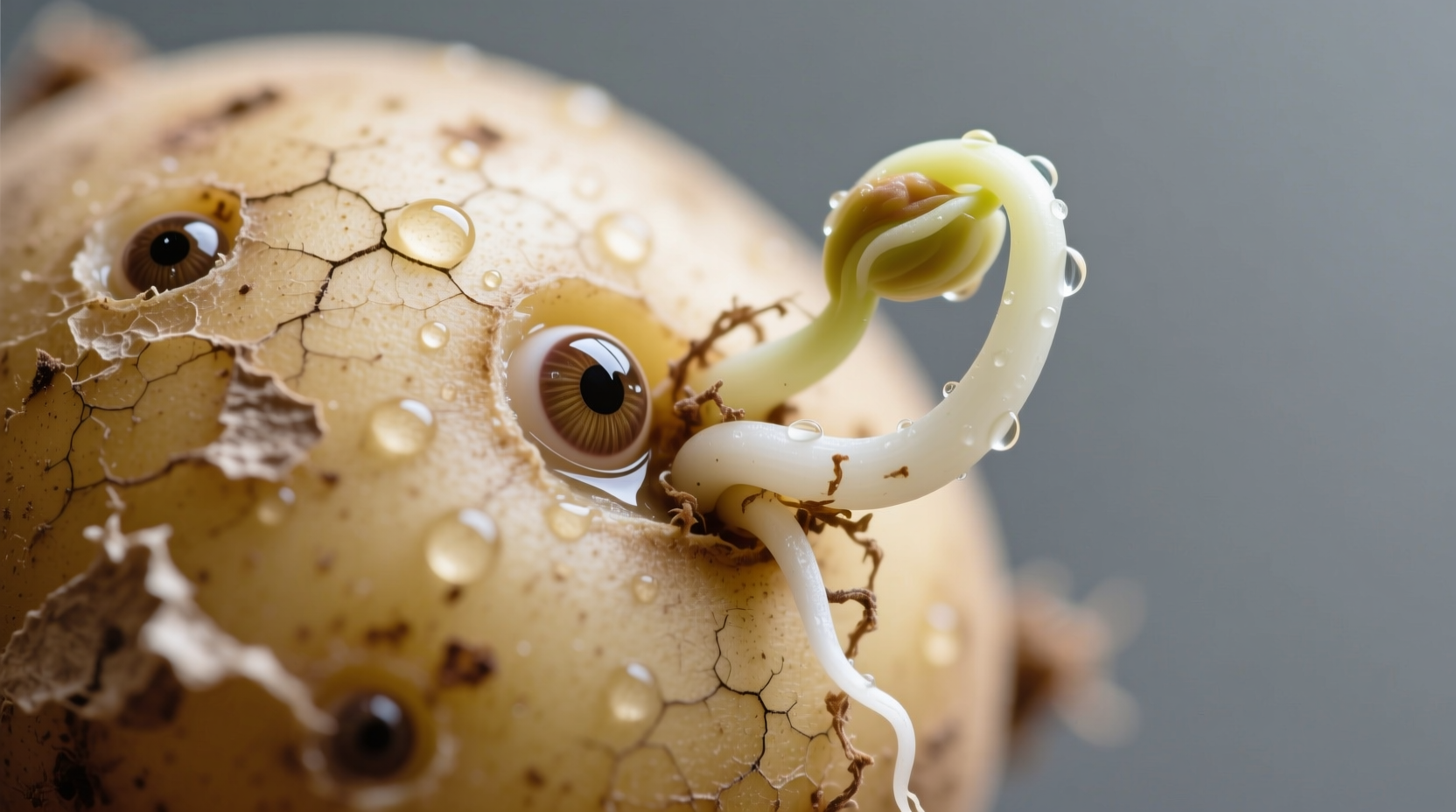 Close-up view of potato eyes showing sprout development
