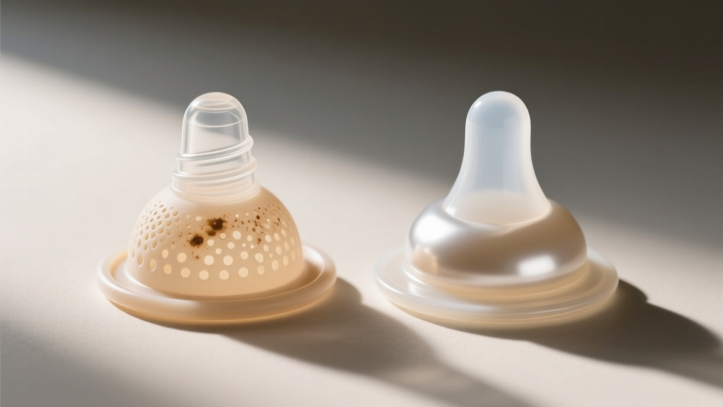 Macro photo comparing a porous cheap PVC plastic nipple shield next to smooth medical-grade platinum silicone alternative