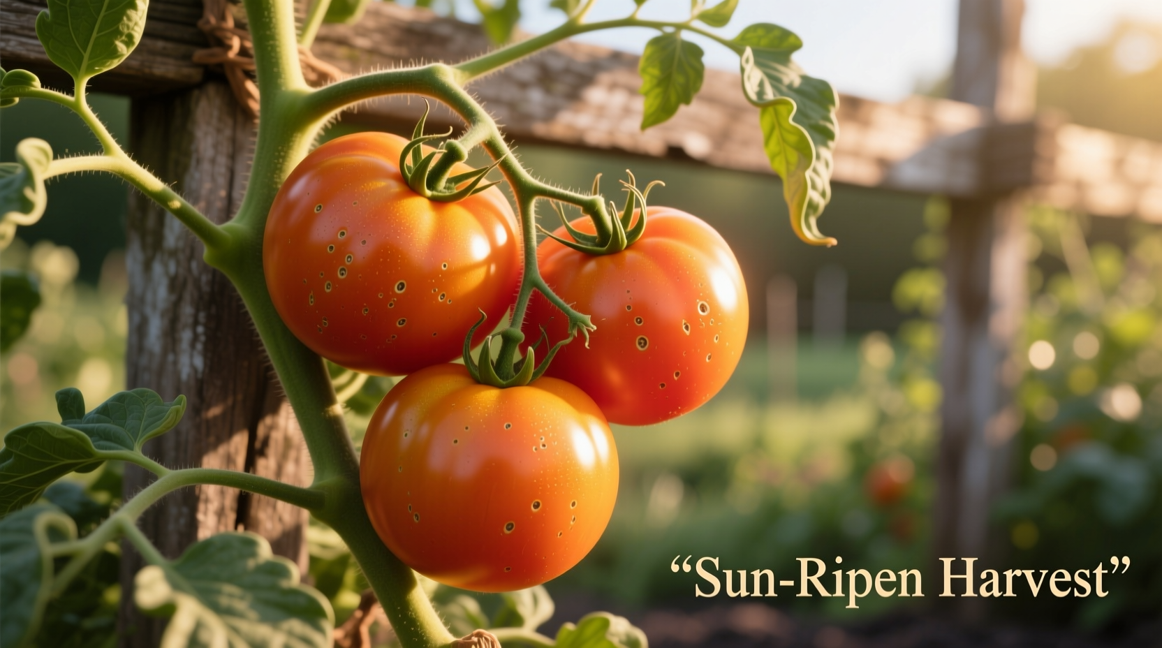 Ripe Amana Orange tomatoes on vine with golden hue