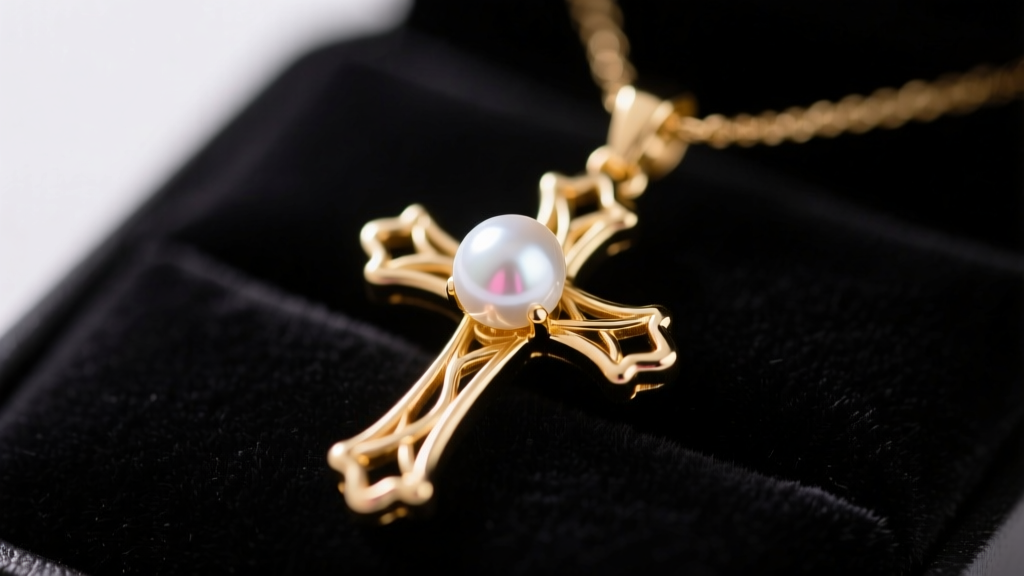 Close-up of a 14k gold cross pendant with a single lustrous white Akoya pearl resting on dark velvet in soft, warm studio lighting.