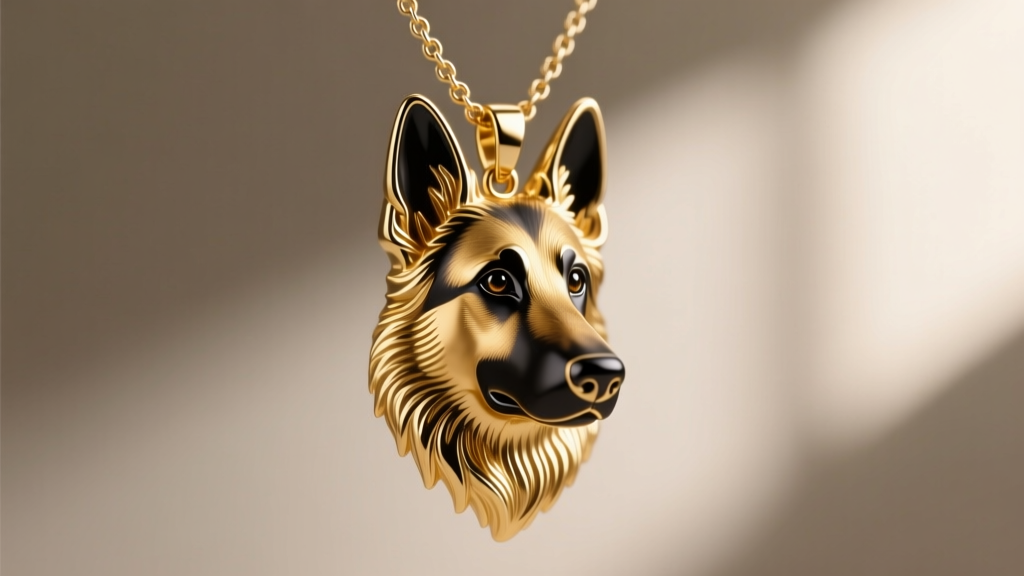 Macro shot of a gold German Shepherd pendant on a box chain, highlighting intricate facial detailing and dark enamel eyes.