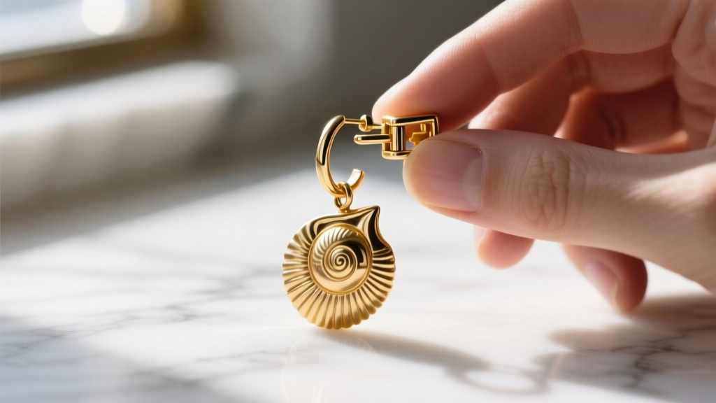Jeweler inspecting the hinged clicker clasp of an 18-gauge gold-filled hoop earring with a carved conch shell charm