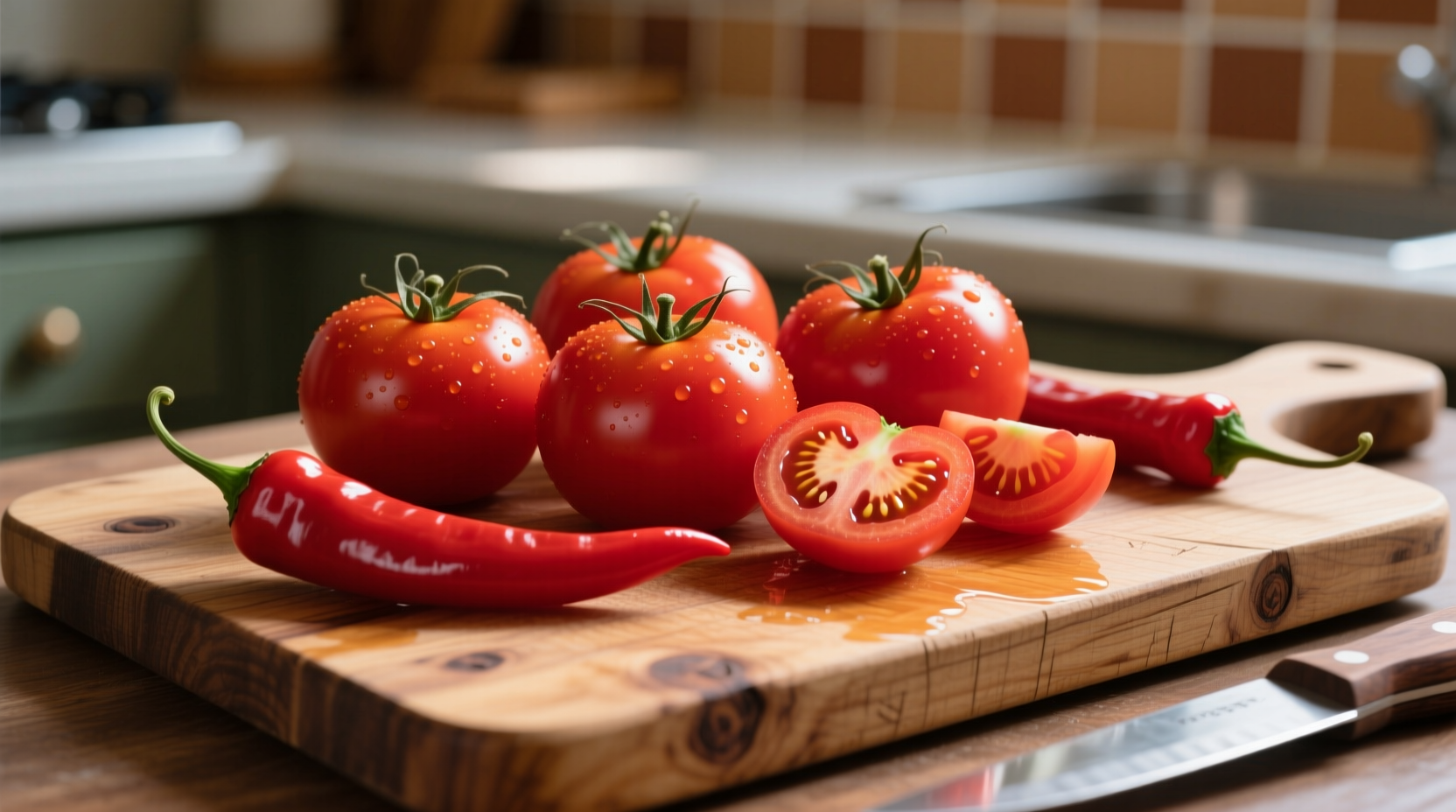 Fresh tomatoes and red chili peppers on wooden cutting board