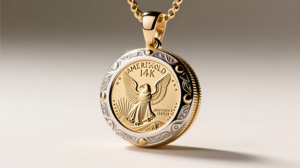 Macro shot of a 14k white gold screw-down bezel pendant holding a polished American Gold Eagle coin under bright studio lighting.