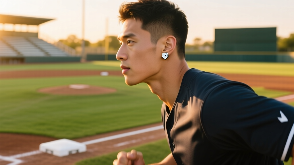 Side view of an athlete wearing a 20-gauge silver home plate stud earring against a blurred, sunlit baseball diamond backdrop.