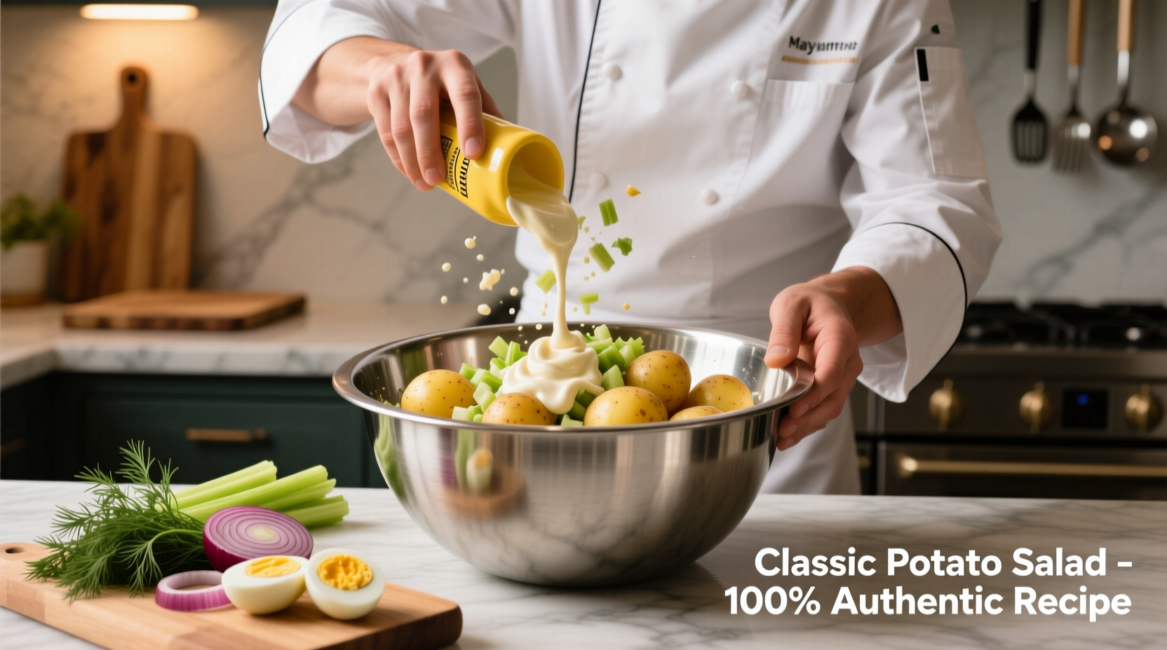 Chef preparing classic potato salad in stainless steel bowl