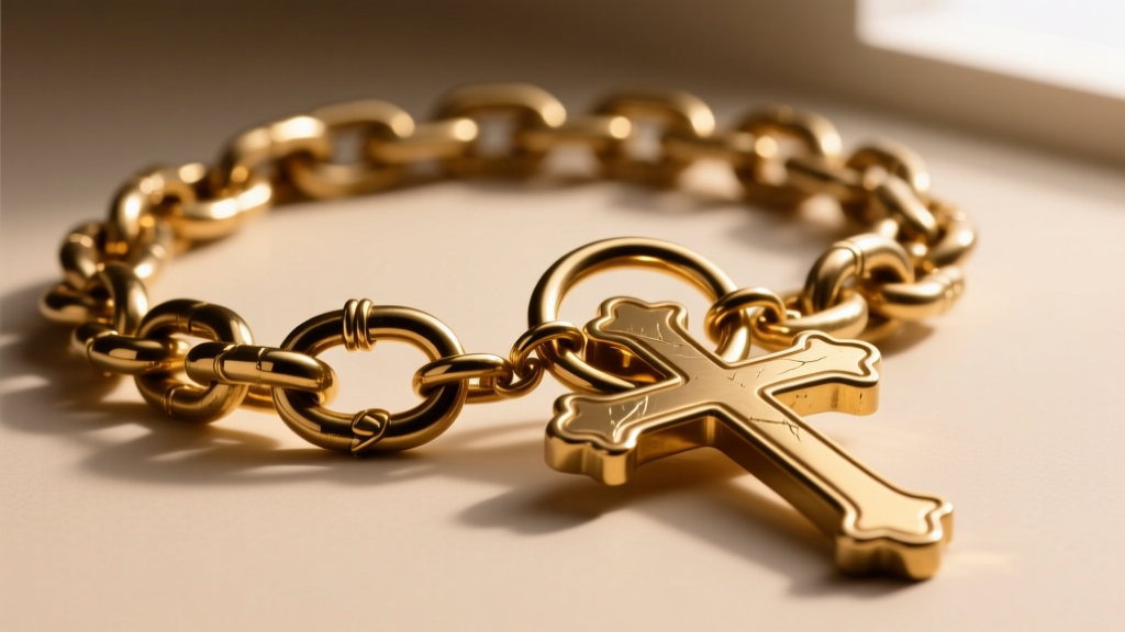 Macro shot of a heavy-duty lobster clasp and thick curb chain link attached to a large brass statement cross necklace jump ring