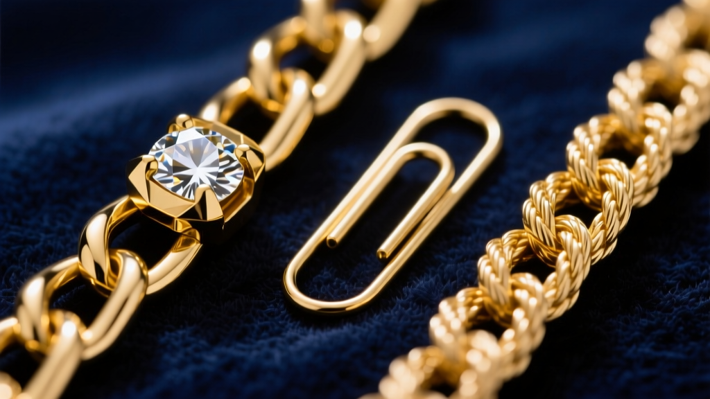 Macro shot of three gold chain links side-by-side: a diamond-cut Cuban, an elongated paperclip, and a twisted rope link on velvet.