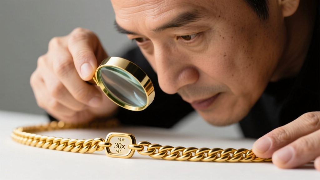 Jeweler holding a 30x loupe to the clasp of a delicate 14k yellow gold rope chain, inspecting tiny hallmark engravings closely.