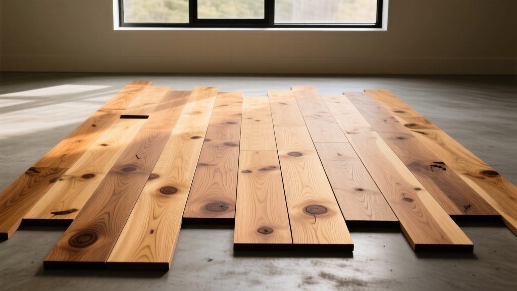 Varying grades of oak wood flooring planks showing clear grain, select character marks, and rustic knots arranged on a concrete subfloor