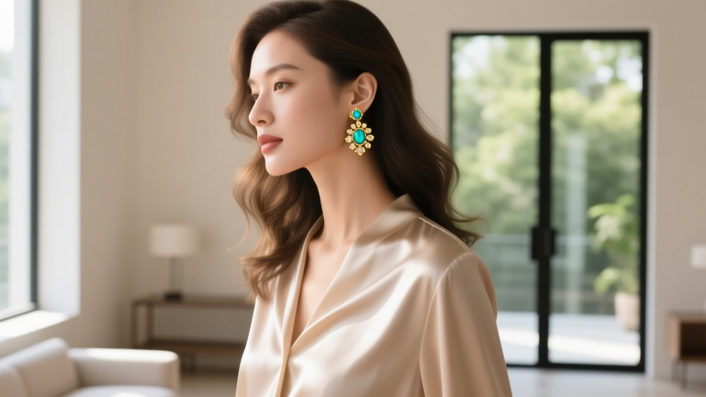 Elegant woman in a silk blouse wearing delicate 18g gold turquoise cluster stud earrings, side profile, bright natural daylight.