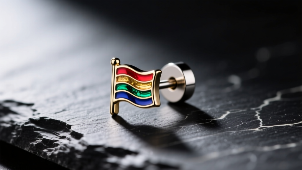 Macro shot of a 16g titanium threadless earring end with a tiny bezel-set rainbow enamel flag, resting on a dark slate surface