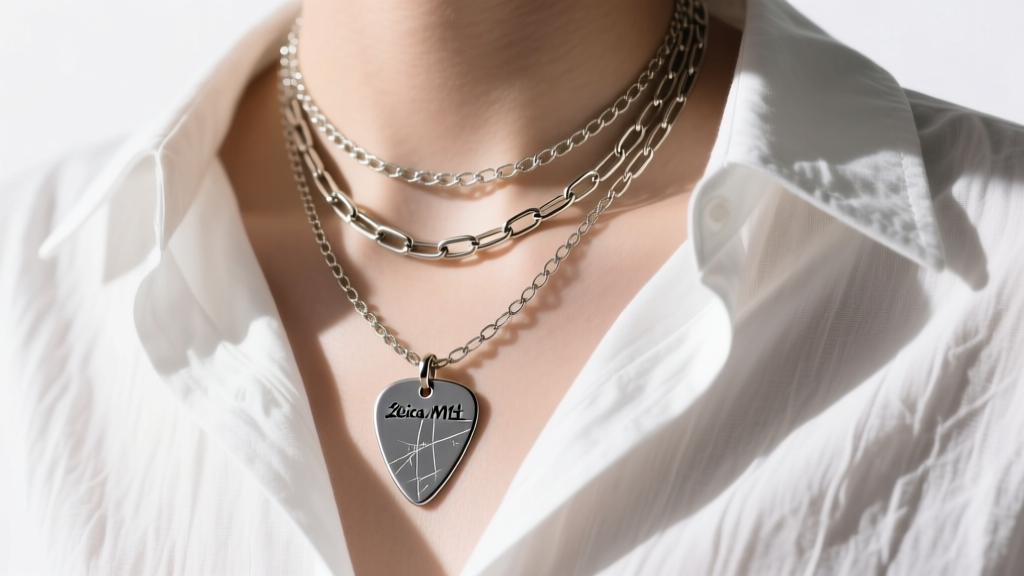 Layered necklaces with a 20-inch steel guitar pick and a 22-inch bar chain over a white linen shirt in bright natural daylight.