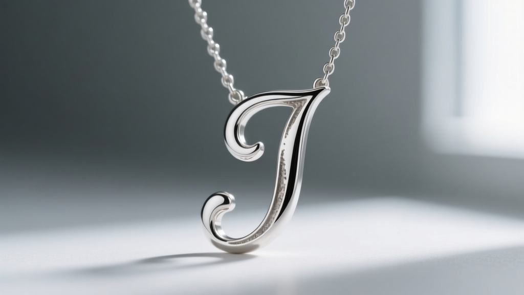 Macro shot of a sterling silver cursive J necklace showing slight tarnish in the deep crevices of the letter