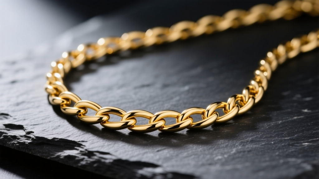 Macro shot of a 14k yellow gold snake chain necklace on dark slate, highlighting its smooth, seamless tubular links.