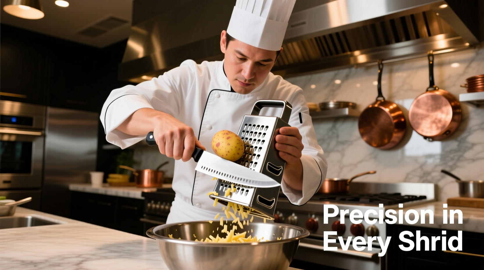 Professional chef using stainless steel potato grater