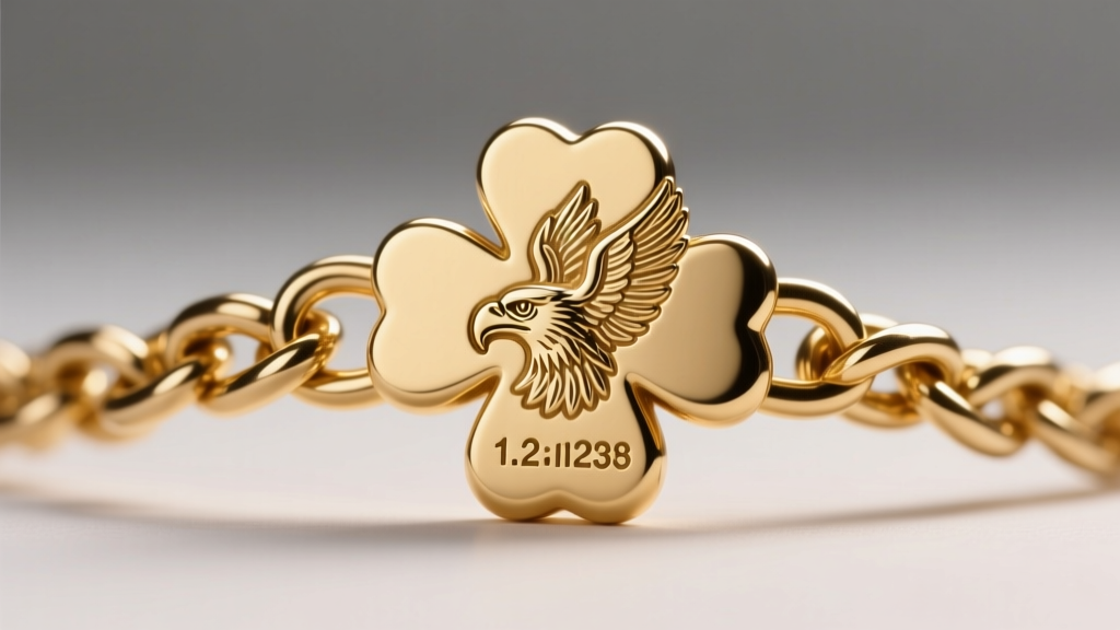 Extreme macro of a 1.2mm gold cable chain and hallmark stamp on a clover clasp, showing the eagle head and unique serial numbers