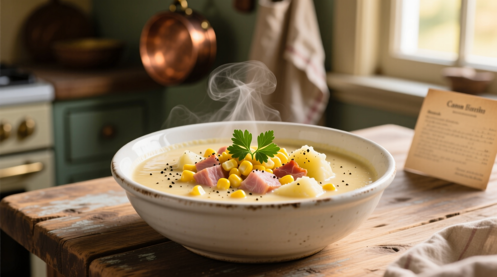 Creamy ham and potato corn chowder in white bowl
