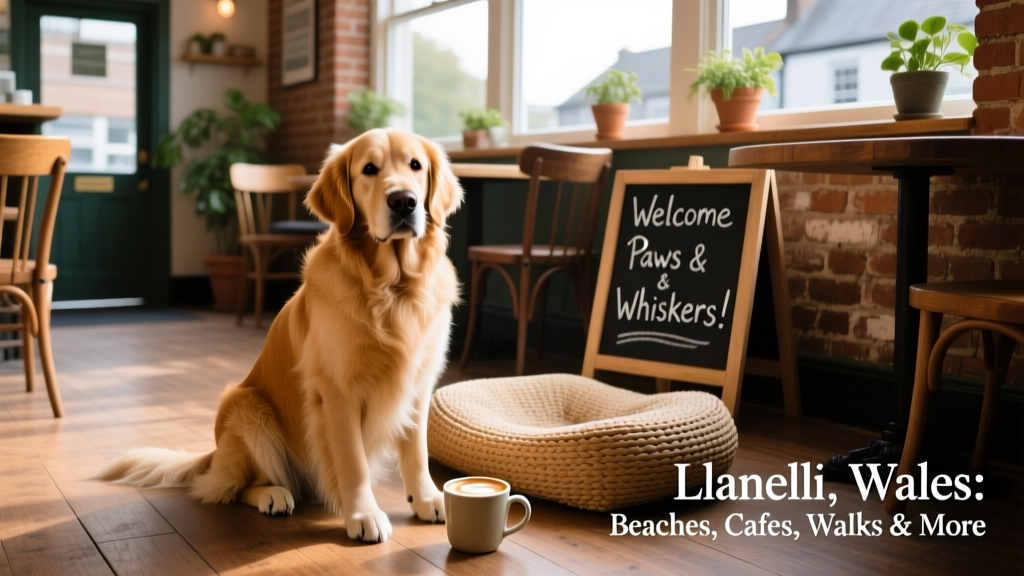 A dog sits on the floor in a dog-friendly cafe