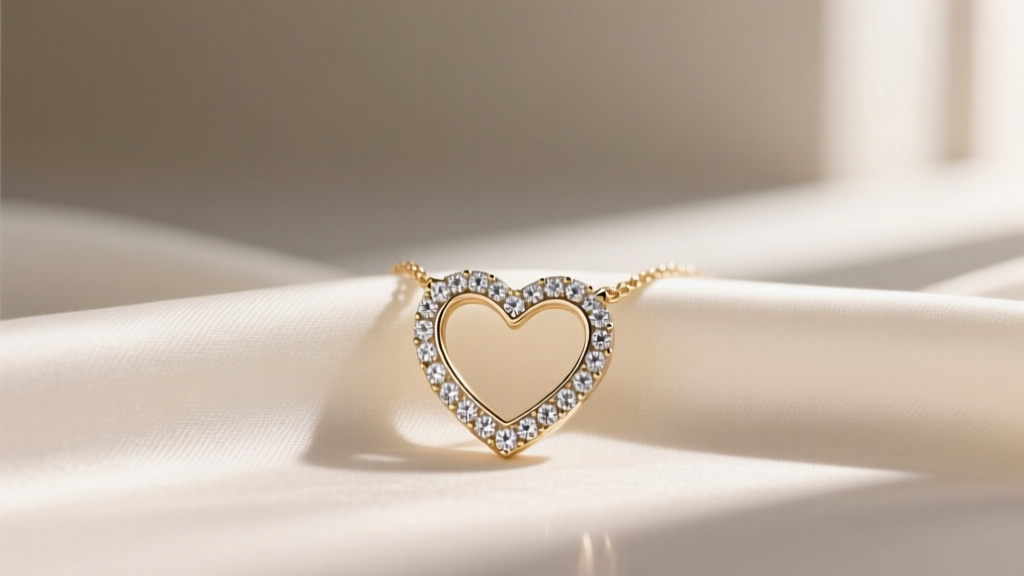 A 14k white gold pave heart necklace on silk, highlighting micro-set melee diamonds sparkling in soft natural window light.