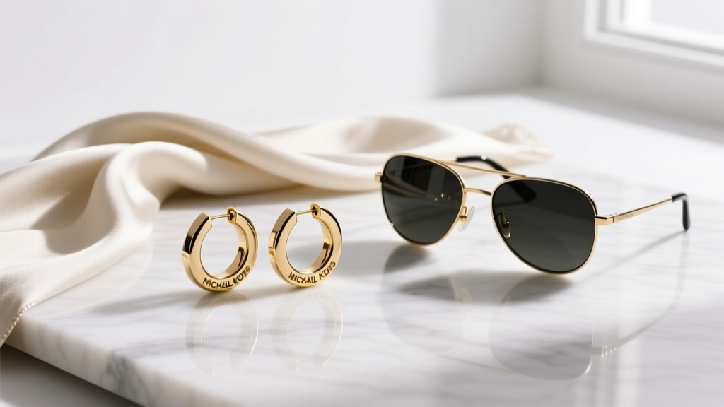 Elegant flat lay of gold-tone Michael Kors hoop earrings resting on a white marble surface next to a silk scarf and sunglasses