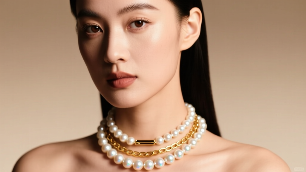 Portrait of a woman wearing a layered 16-inch pearl bubble necklace and an 18-inch gold chain under soft, warm studio lighting