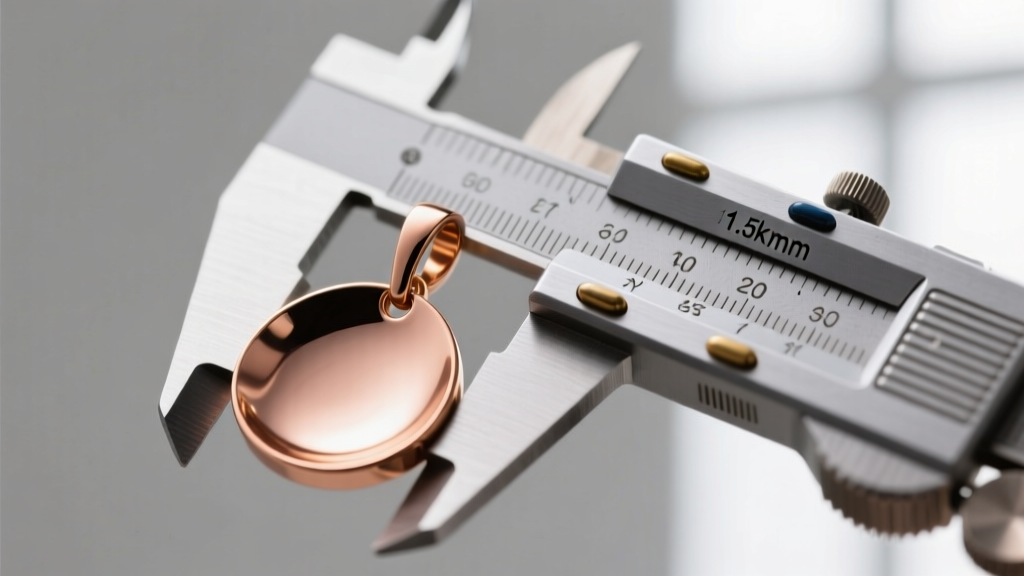 Close-up of digital calipers measuring the 1.5mm thickness of a raw 14k rose gold disk pendant on a jeweler's wooden workbench.