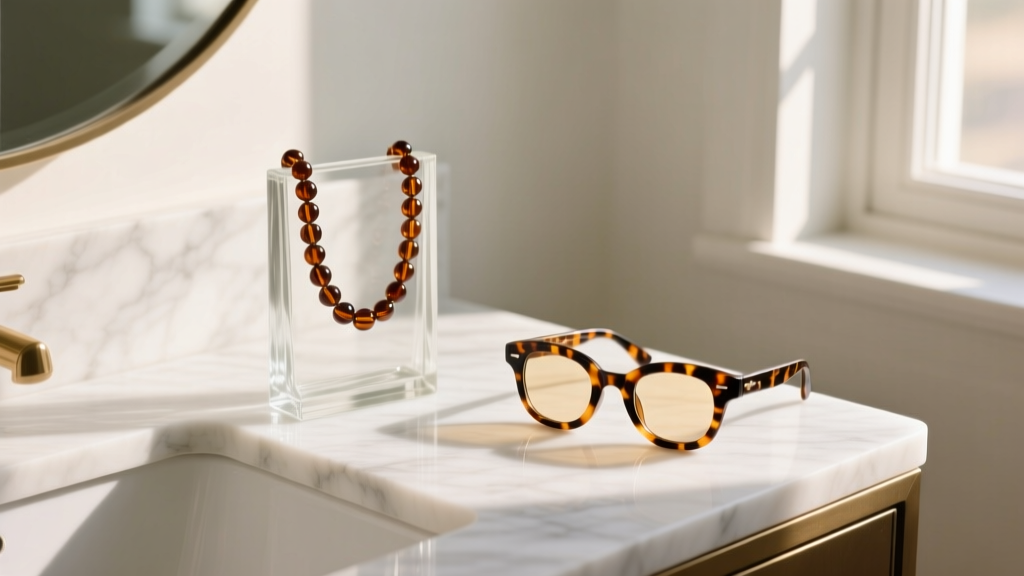 Beaded glasses necklace holder on a marble vanity beside tortoiseshell reading glasses, bathed in soft, warm natural morning light.