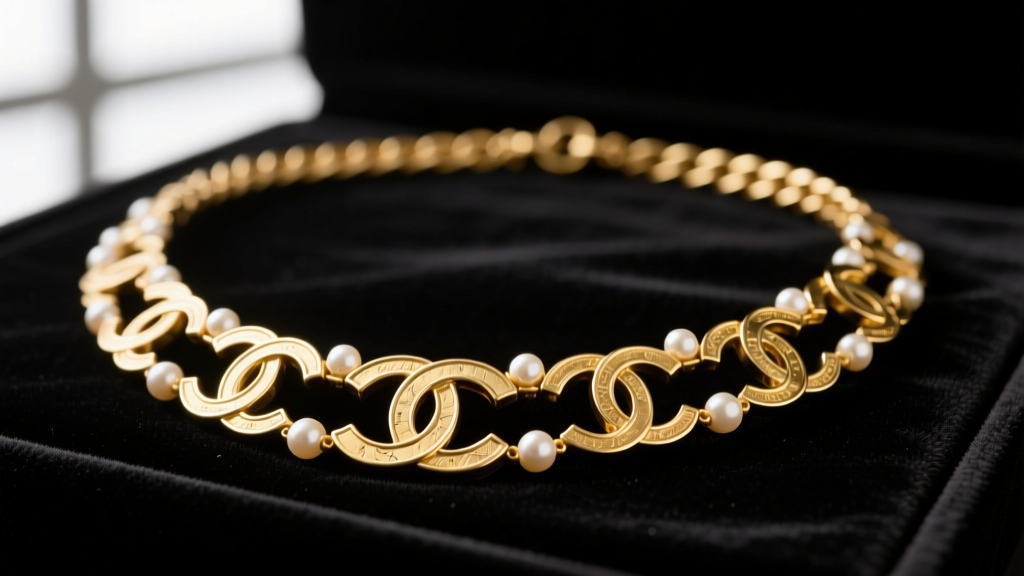 Close-up of a vintage 1990s Chanel gold-plated brass CC necklace with interlocking logo and faux pearl accents on black velvet.