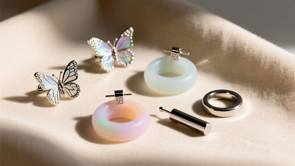 Flat lay of earring backs including butterfly clutches, silicone rings, and flat-back titanium labrets on soft beige linen cloth.