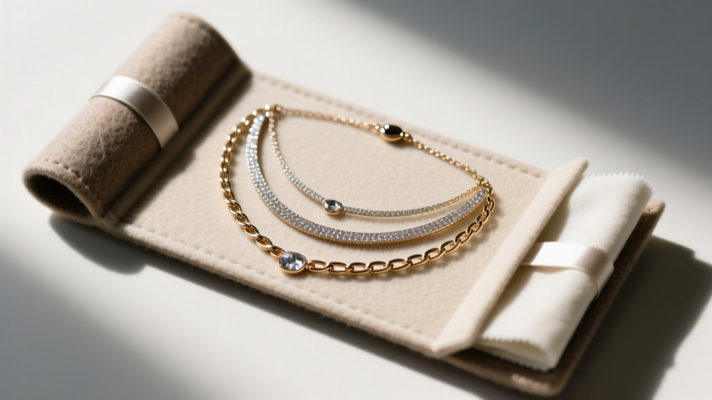 Flat lay of a neatly stored 3 layered necklace in a felt jewelry roll with anti-tarnish strips and a microfiber polishing cloth.