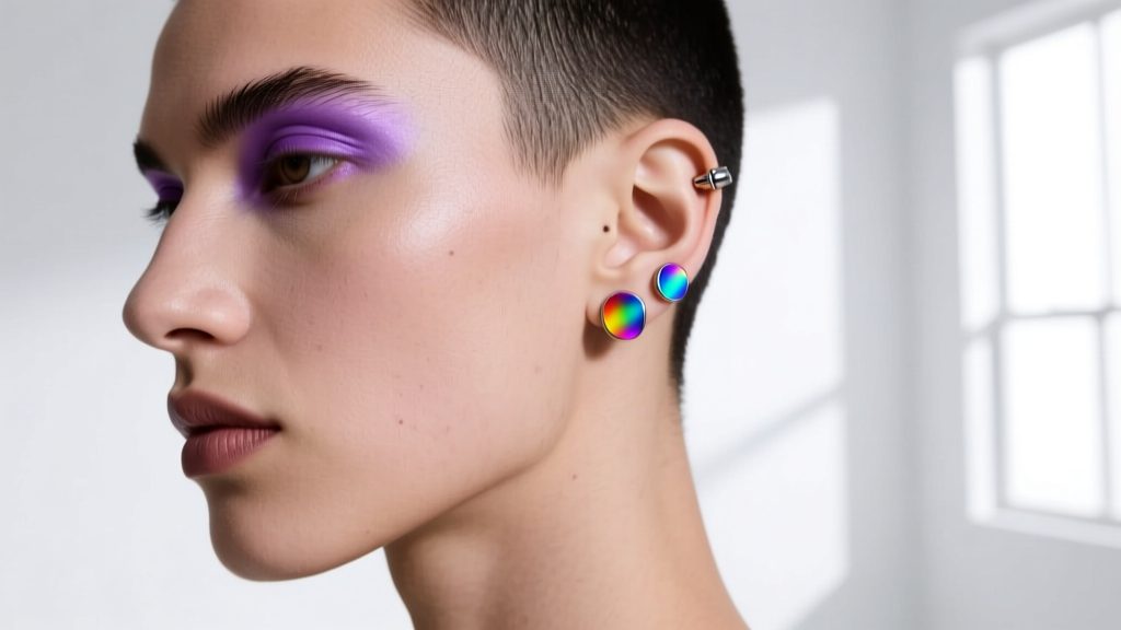 Curated ear with threadless ASTM F136 titanium studs in subtle lavender and rainbow anodized finishes on a modern queer model